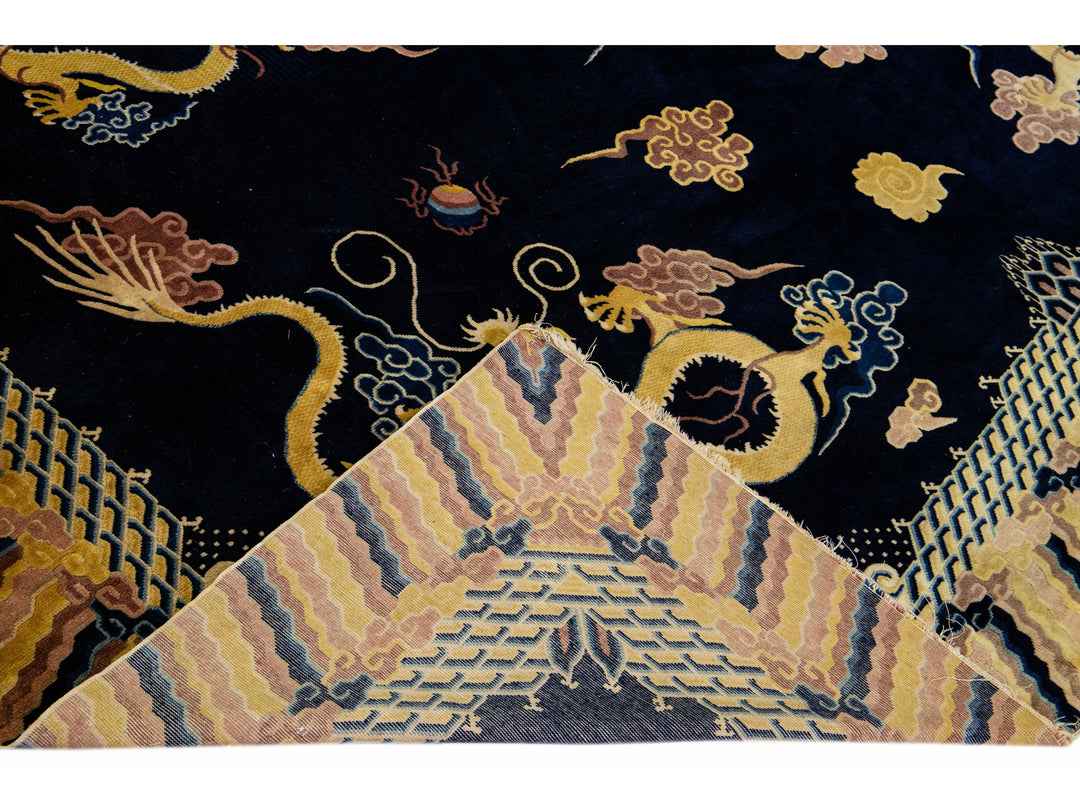 Vintage Chinese Peking Handmade Dragon Designed Dark Blue Wool Rug