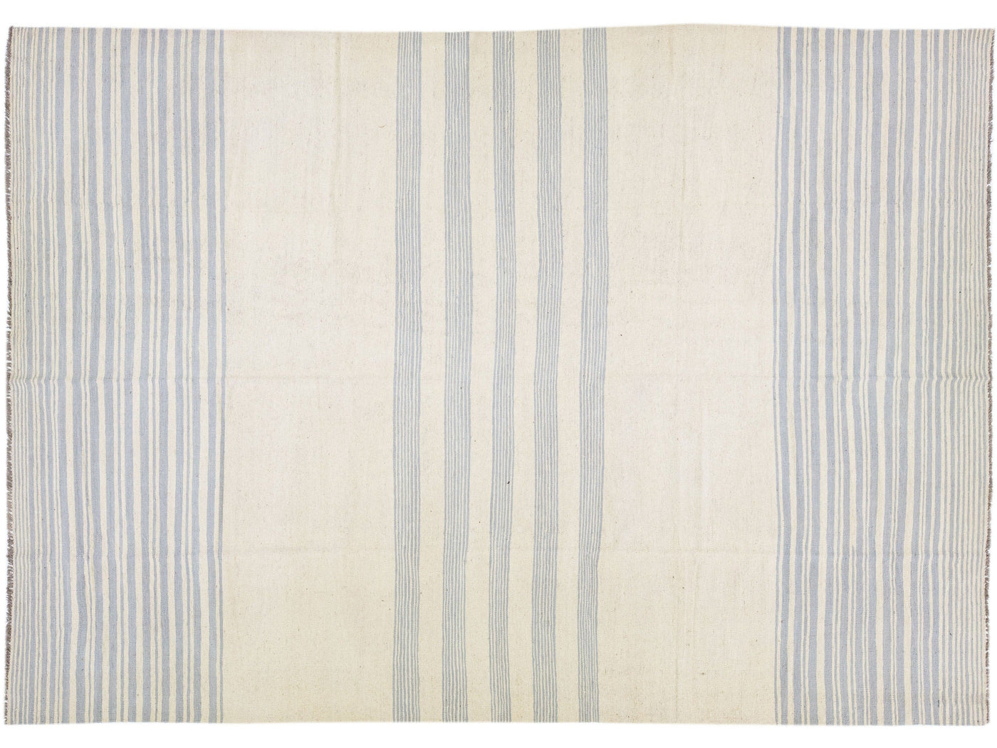 Modern Kilim Beige & Grey Flat-Weave Wool Rug with Stripe Motif