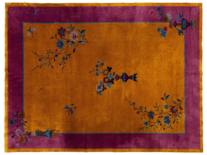 Antique Chinese Art Deco Handmade Floral Goldenrod Wool Rug
