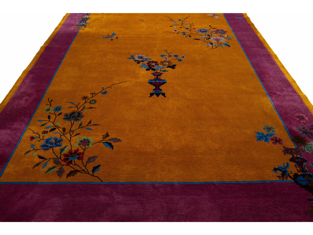Antique Chinese Art Deco Handmade Floral Goldenrod Wool Rug