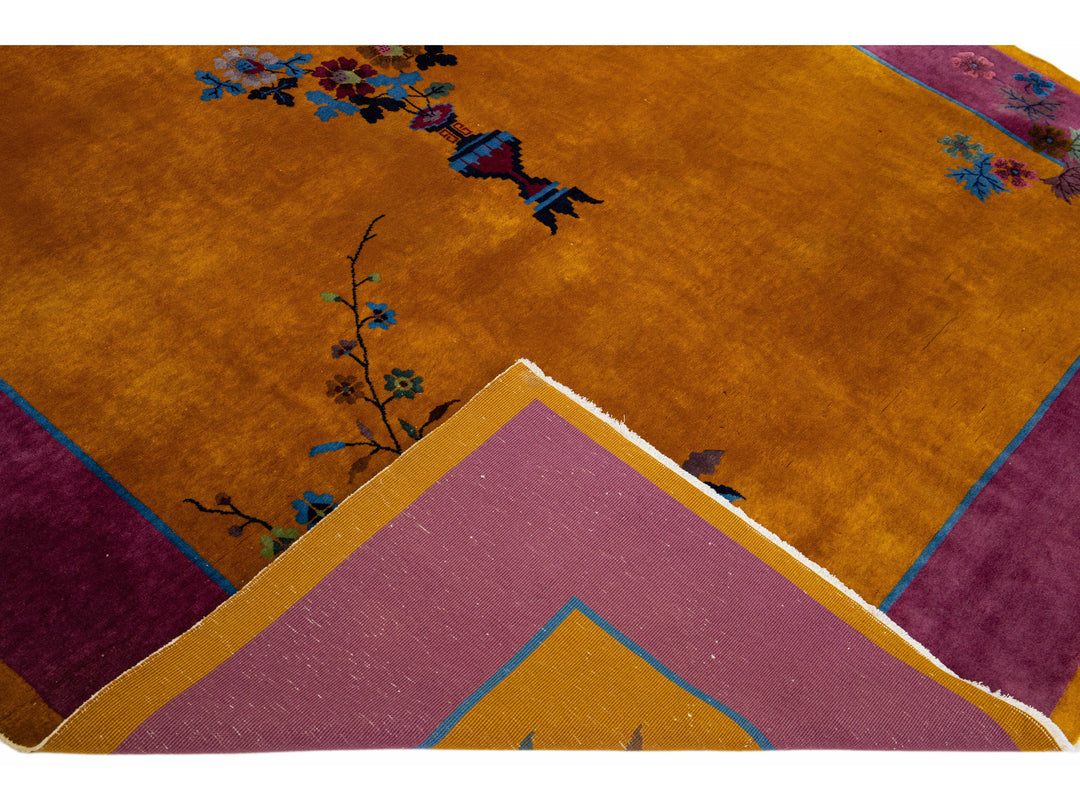 Antique Chinese Art Deco Handmade Floral Goldenrod Wool Rug