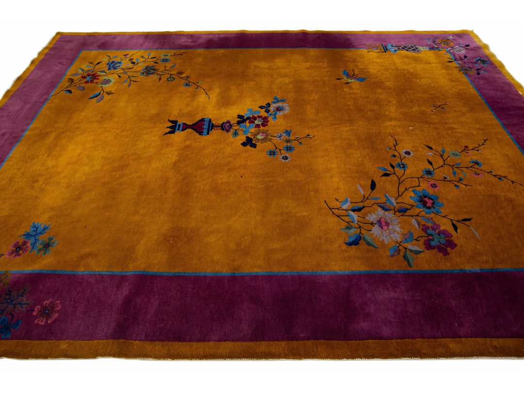 Antique Chinese Art Deco Handmade Floral Goldenrod Wool Rug