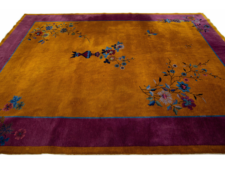 Antique Chinese Art Deco Handmade Floral Goldenrod Wool Rug
