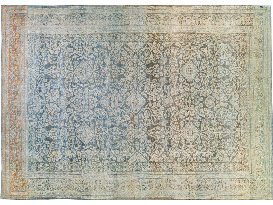 Antique Malayer Handmade Blue Geometric Floral Pattern Oversize Wool Rug