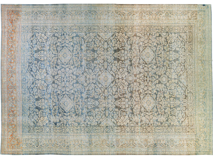 Antique Malayer Handmade Blue Geometric Floral Pattern Oversize Wool Rug
