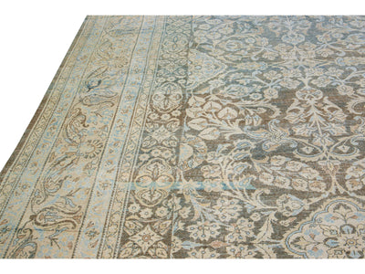 Antique Malayer Handmade Blue Geometric Floral Pattern Oversize Wool Rug
