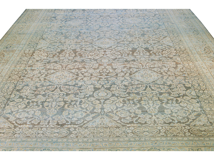 Antique Malayer Handmade Blue Geometric Floral Pattern Oversize Wool Rug