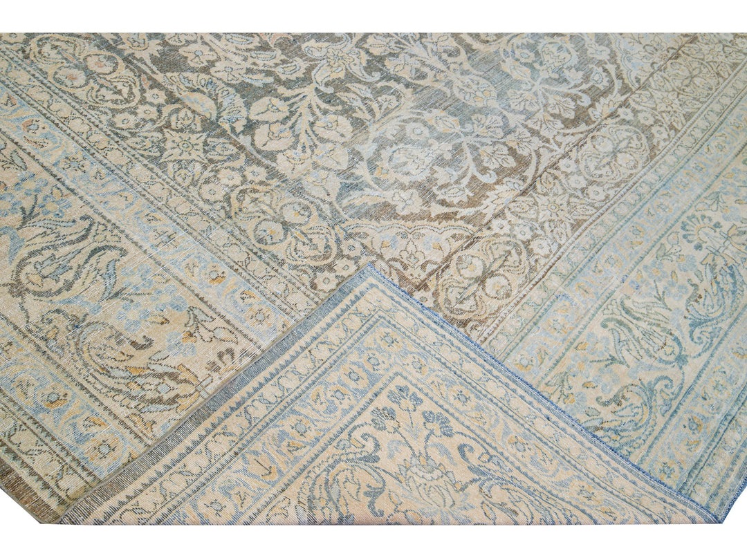 Antique Malayer Handmade Blue Geometric Floral Pattern Oversize Wool Rug
