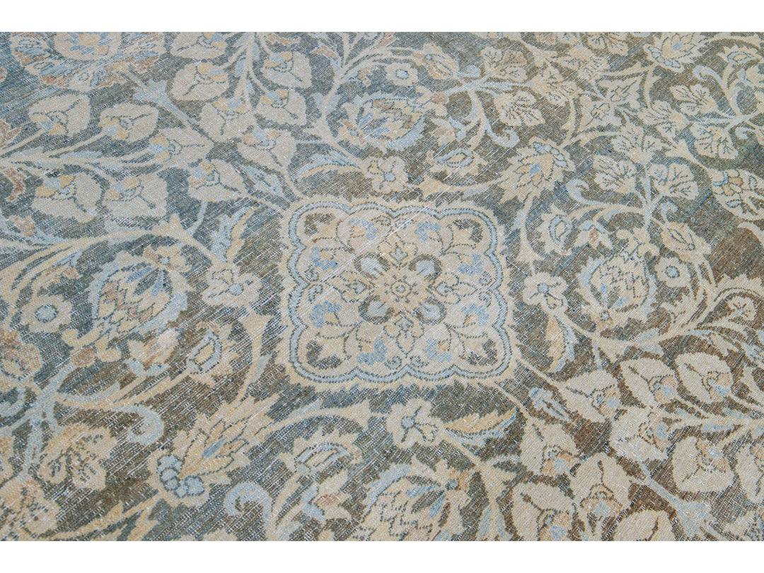 Antique Malayer Handmade Blue Geometric Floral Pattern Oversize Wool Rug