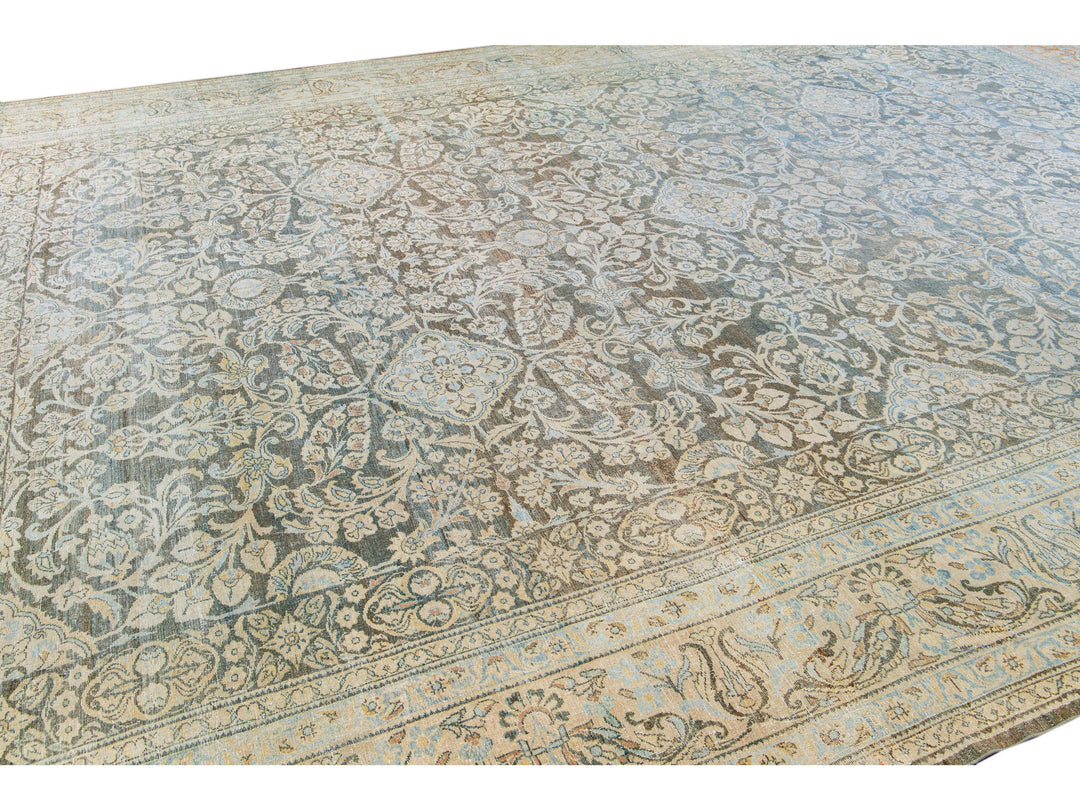 Antique Malayer Handmade Blue Geometric Floral Pattern Oversize Wool Rug