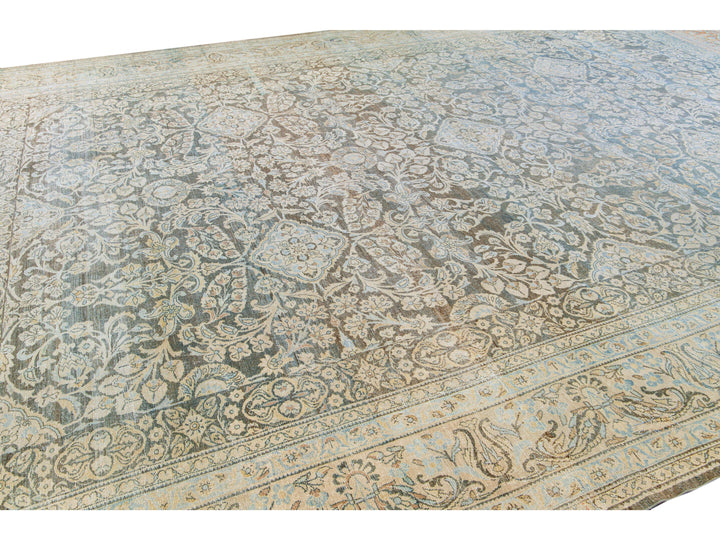 Antique Malayer Handmade Blue Geometric Floral Pattern Oversize Wool Rug