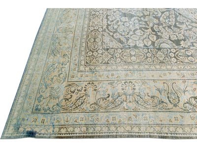 Antique Malayer Handmade Blue Geometric Floral Pattern Oversize Wool Rug