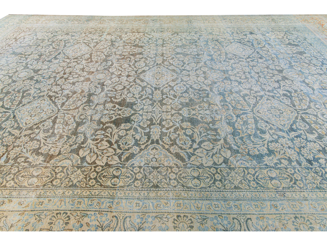 Antique Malayer Handmade Blue Geometric Floral Pattern Oversize Wool Rug