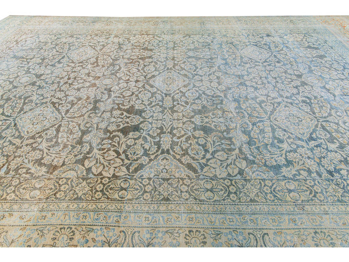 Antique Malayer Handmade Blue Geometric Floral Pattern Oversize Wool Rug