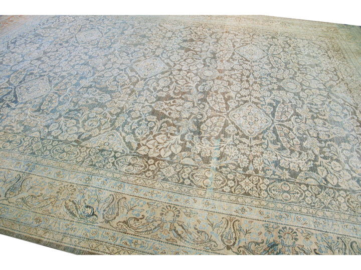 Antique Malayer Handmade Blue Geometric Floral Pattern Oversize Wool Rug