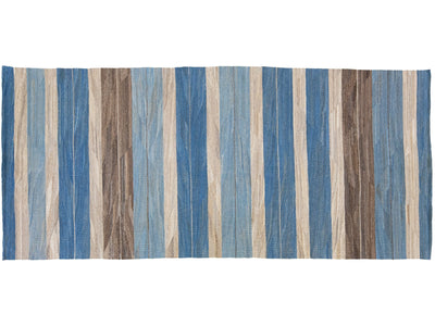 Modern Striped Flat-Weave Handmade Blue and Brown Wool Runner