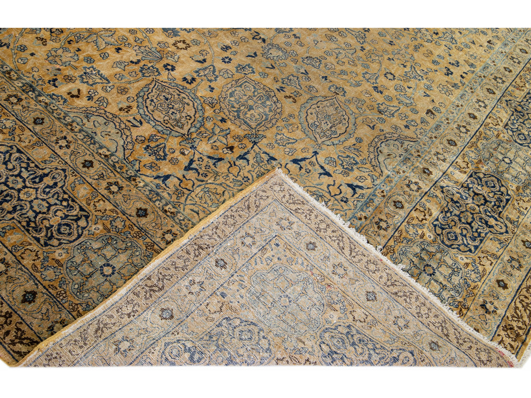 Oversize Antique Tabriz Tan Handmade Rosette Motif Persian Wool Rug