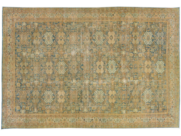 Antique Persian Mahal Orange & Blue Handmade Wool Rug With Floral Design