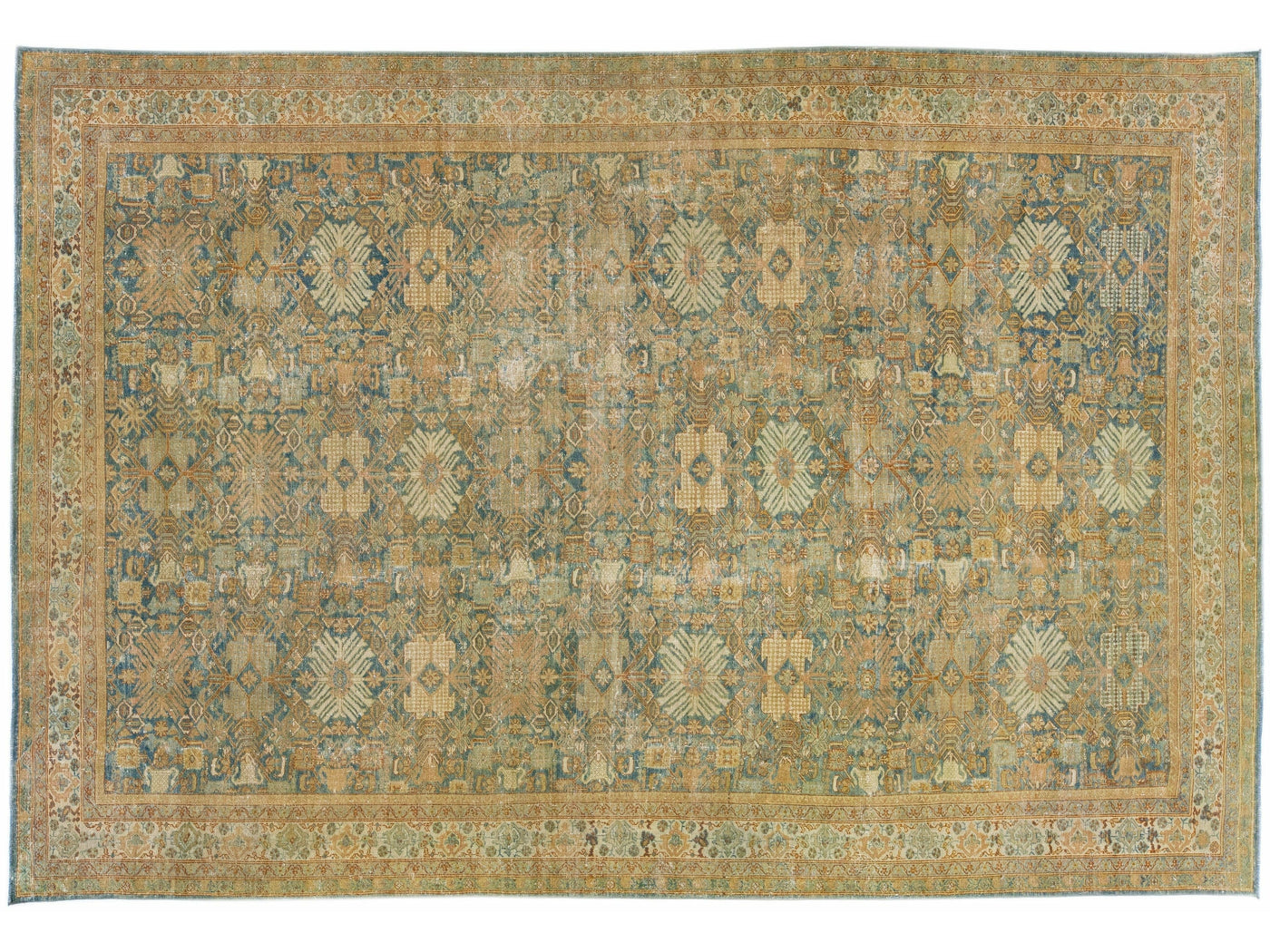 Antique Persian Mahal Orange & Blue Handmade Wool Rug With Floral Design