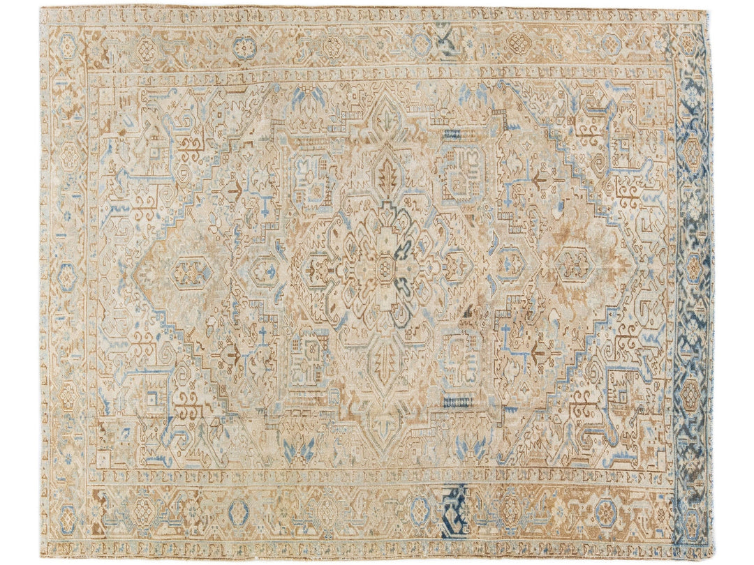 Beige Antique Persian Heriz Handmade Medallion Motif Wool Rug