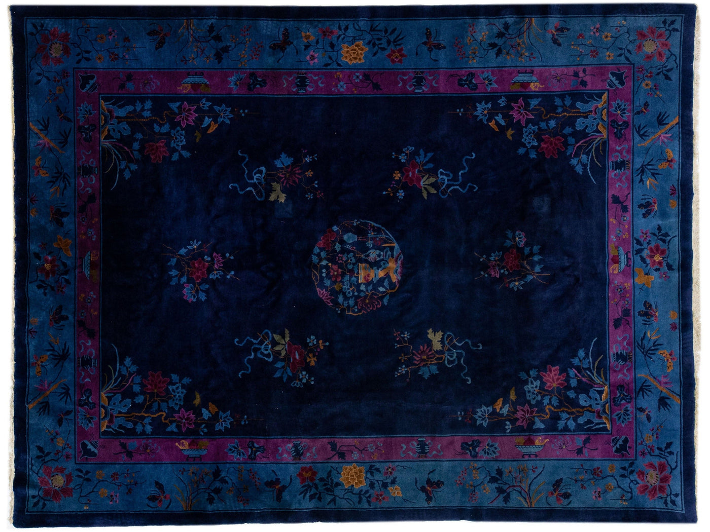 Navy Blue Antique Chinese Art Deco Handmade Wool Rug With Floral Design