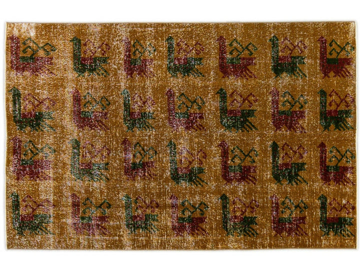 Vintage Turkish Deco Handmade Golden Tan Distressed Wool Rug