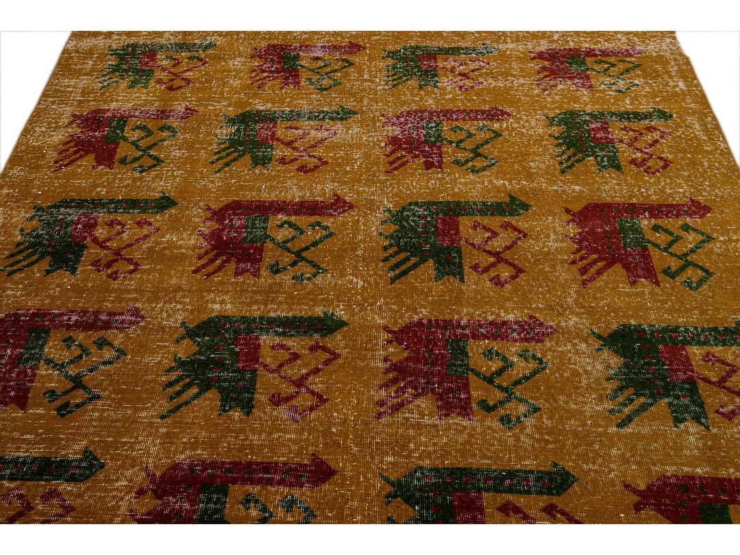 Vintage Turkish Deco Handmade Golden Tan Distressed Wool Rug