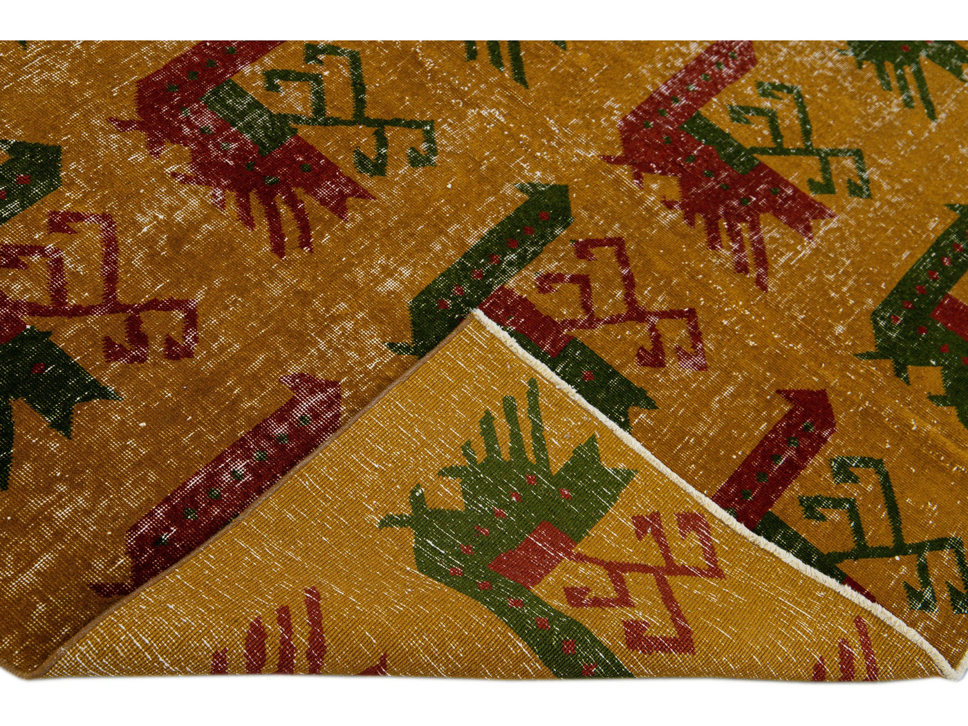 Vintage Turkish Deco Handmade Golden Tan Distressed Wool Rug