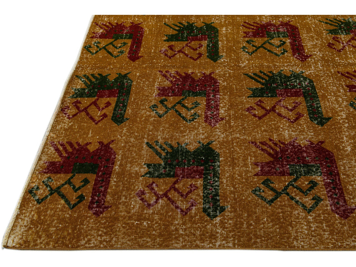 Vintage Turkish Deco Handmade Golden Tan Distressed Wool Rug