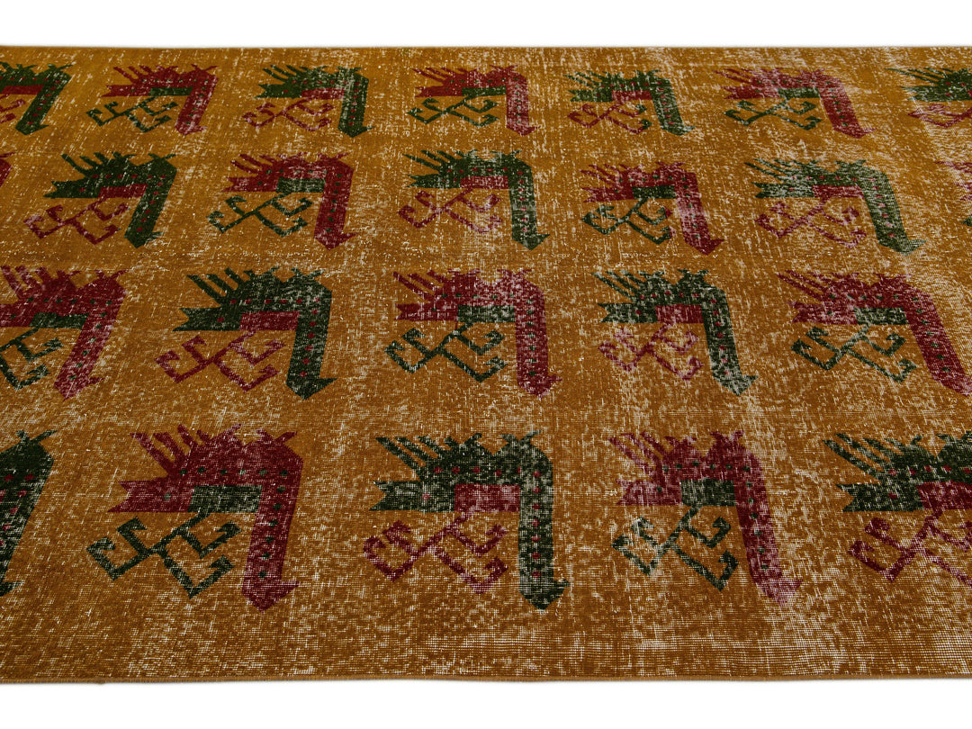 Vintage Turkish Deco Handmade Golden Tan Distressed Wool Rug