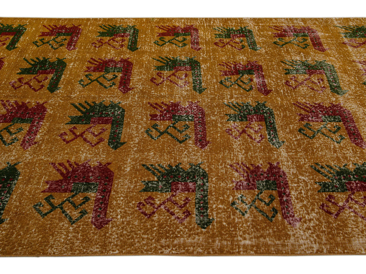 Vintage Turkish Deco Handmade Golden Tan Distressed Wool Rug