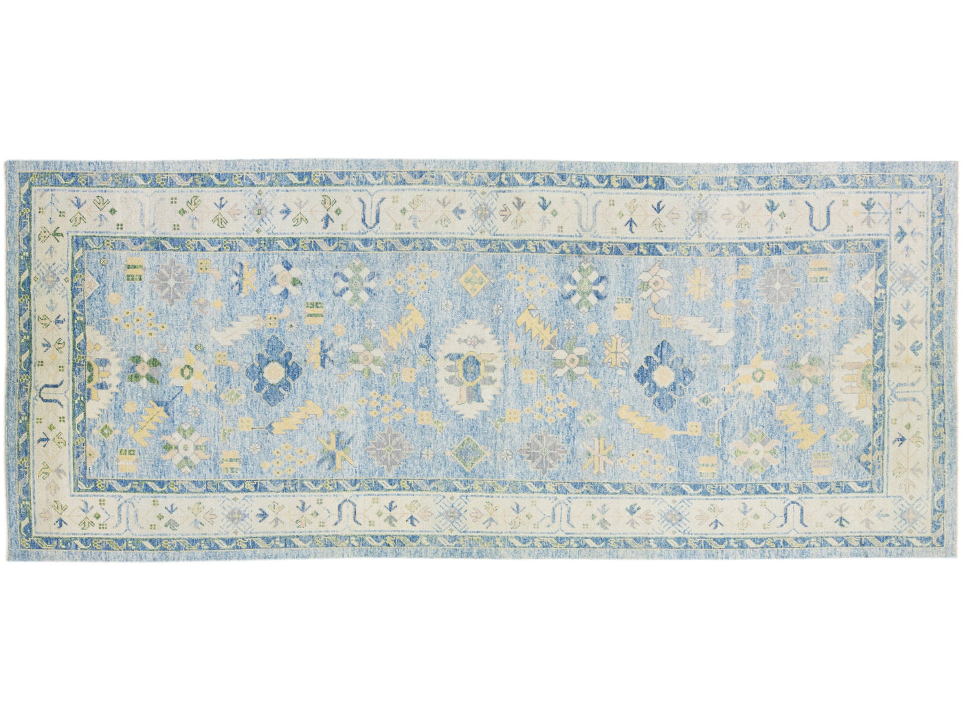 Light Blue Modern Turkish Oushak Handmade Floral Designed Wool Runner