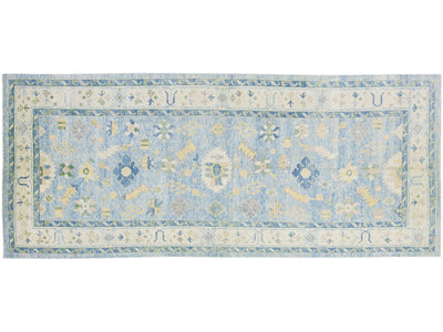 Light Blue Modern Turkish Oushak Handmade Floral Designed Wool Runner