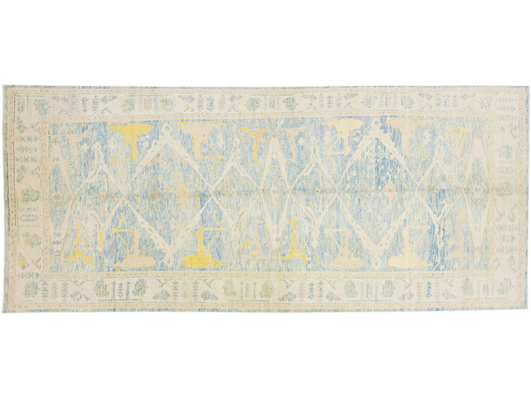 Modern Turkish Oushak Handmade Beige & Blue Wool Runner with Allover Motif