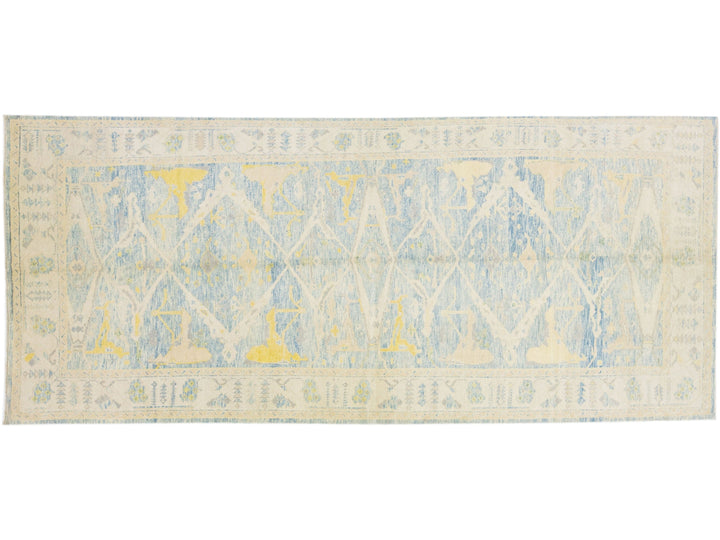 Modern Turkish Oushak Handmade Beige & Blue Wool Runner with Allover Motif