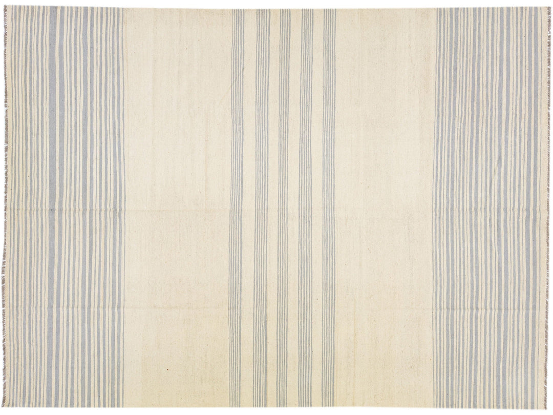 Beige Modern Kilim Flat-Weave Striped Wool Rug