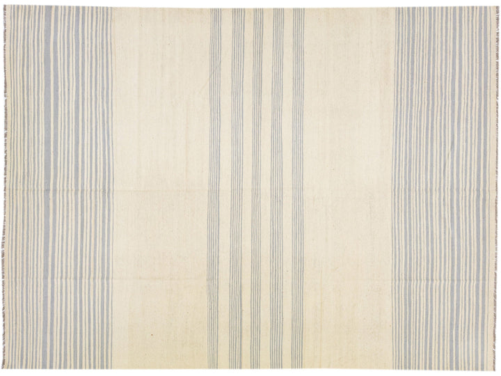 Beige Modern Kilim Flat-Weave Striped Wool Rug