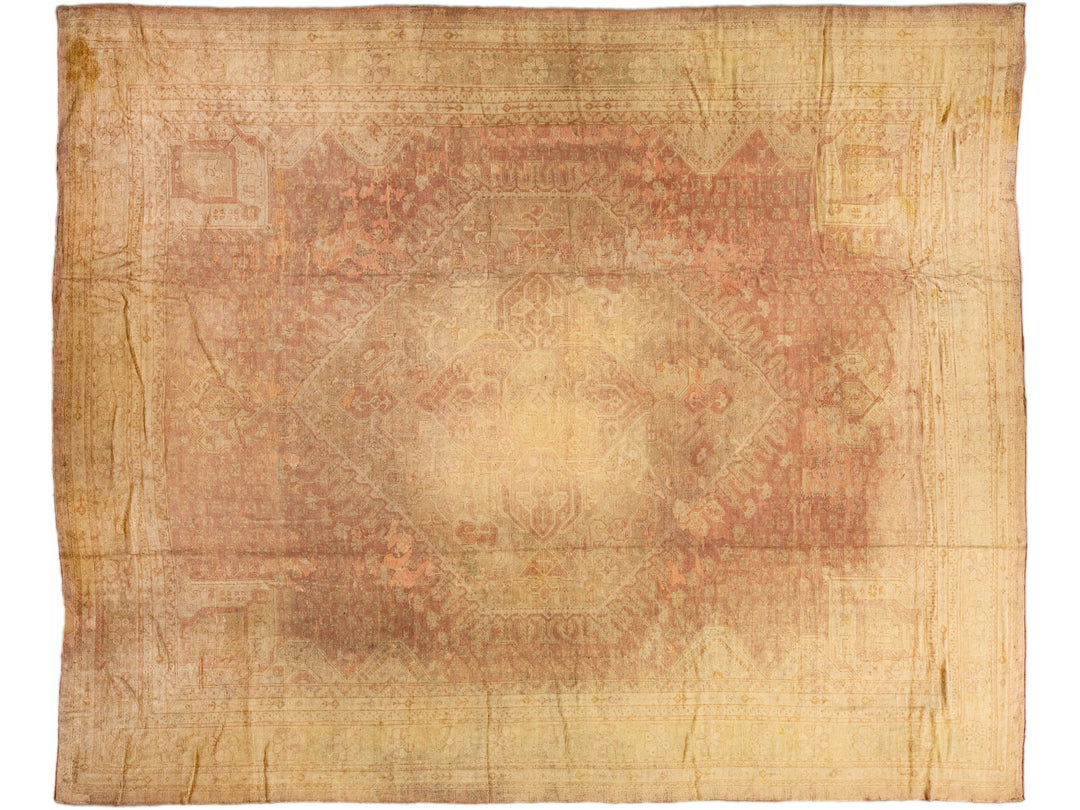 Tan Antique Turkish Oushak Handmade Allover Designed Oversize Wool Rug