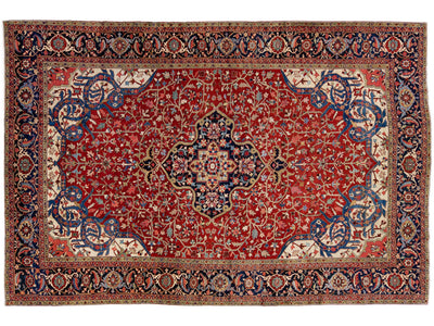 Antique Persian Heriz Red Handmade Wool Rug With Medallion Motif