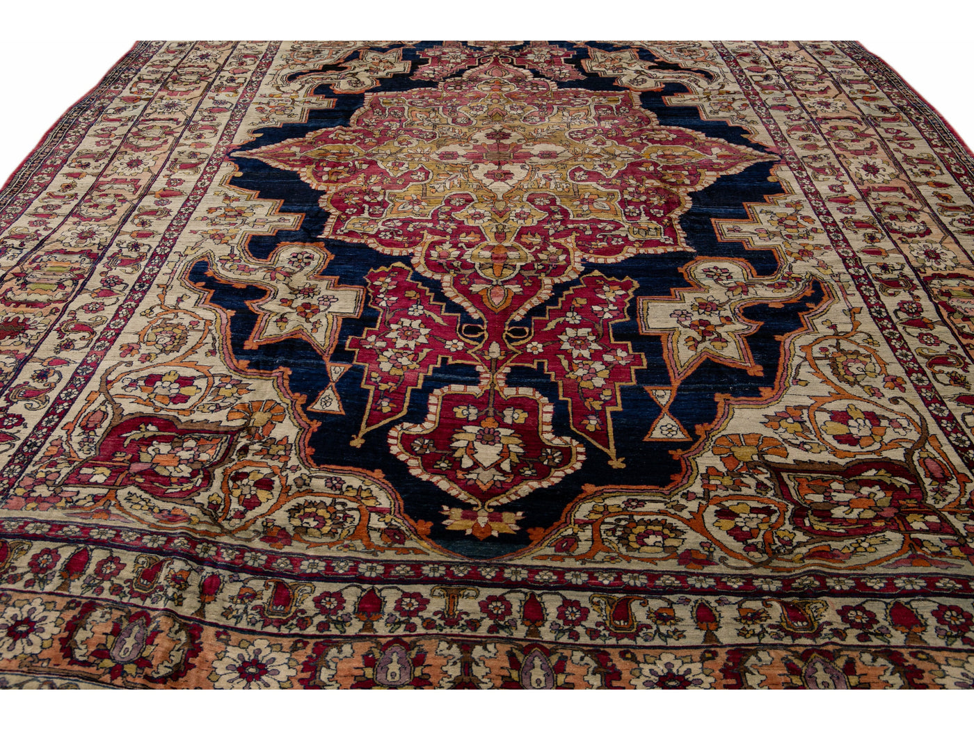 Antique Kerman Handmade Red and Blue Floral Medallion Motif Wool Rug