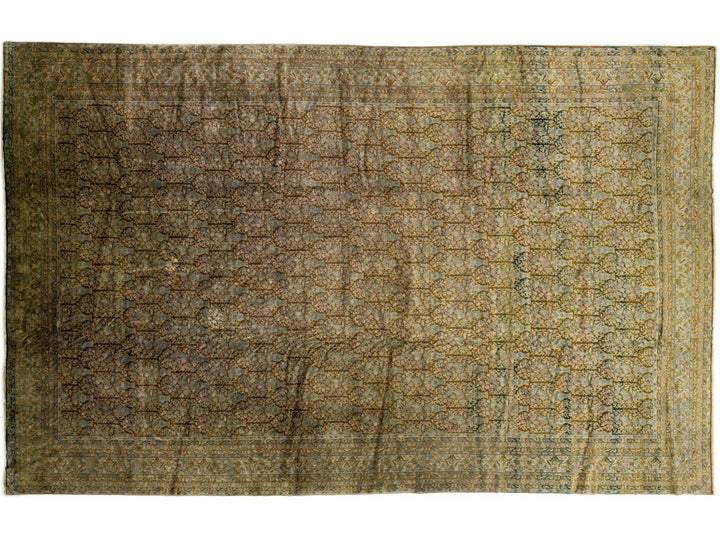 Brown Antique Indian Agra Handmade Allover Floral Wool Rug
