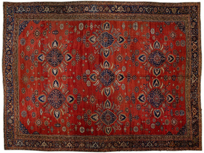 Antique Sultanabad Red Handmade Floral Pattern Persian Wool Rug