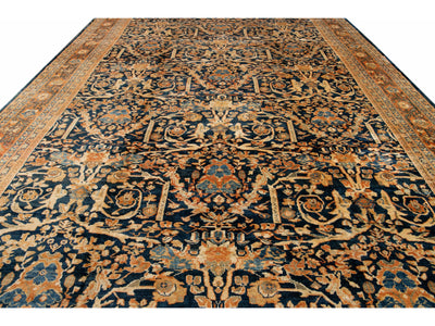 Oversize Antique Persian Mahal Blue Handmade Allover Floral Wool Rug