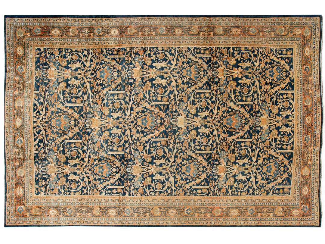 Oversize Antique Persian Mahal Blue Handmade Allover Floral Wool Rug