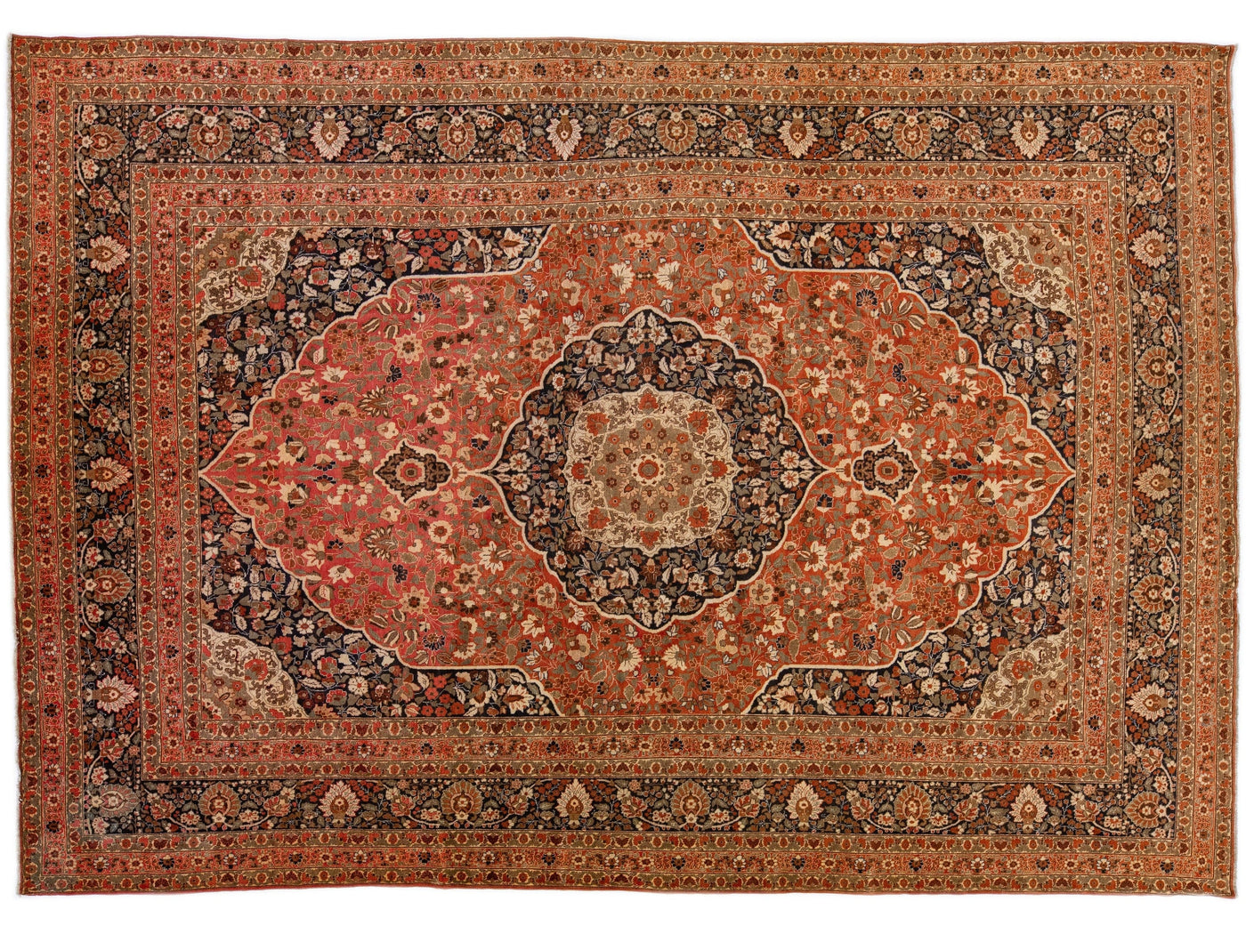 Rust Antique Tabriz Handmade Persian Wool Rug With Rosette Design