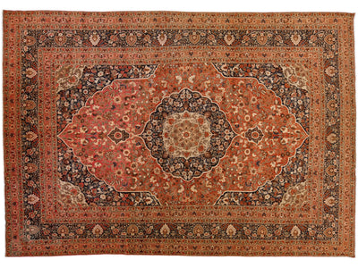 Rust Antique Tabriz Handmade Persian Wool Rug With Rosette Design