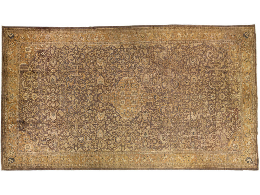 Antique Sultanabad Handmade Allover Motif Brown Wool Rug