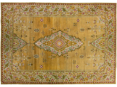 Antique Indian Agra Handmade Goldenrod Wool Rug With Medallion Design.