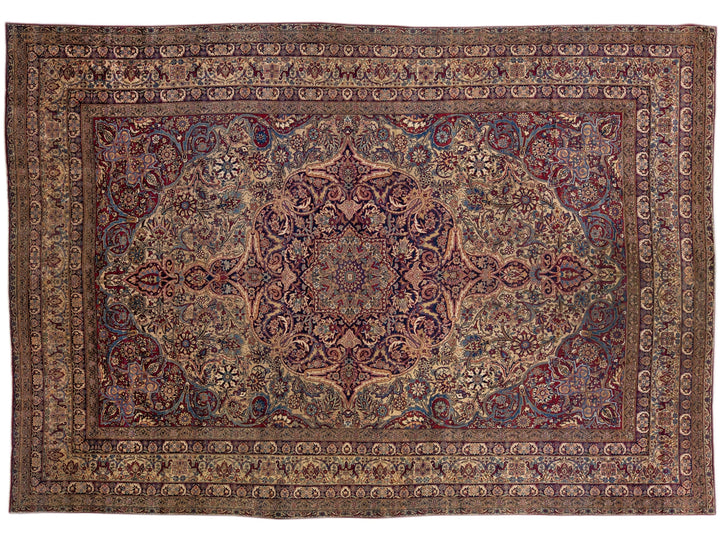 Multicolor Antique Persian Kerman Handmade Allover Wool Rug