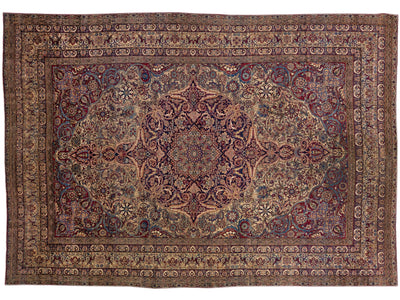 Multicolor Antique Persian Kerman Handmade Allover Wool Rug
